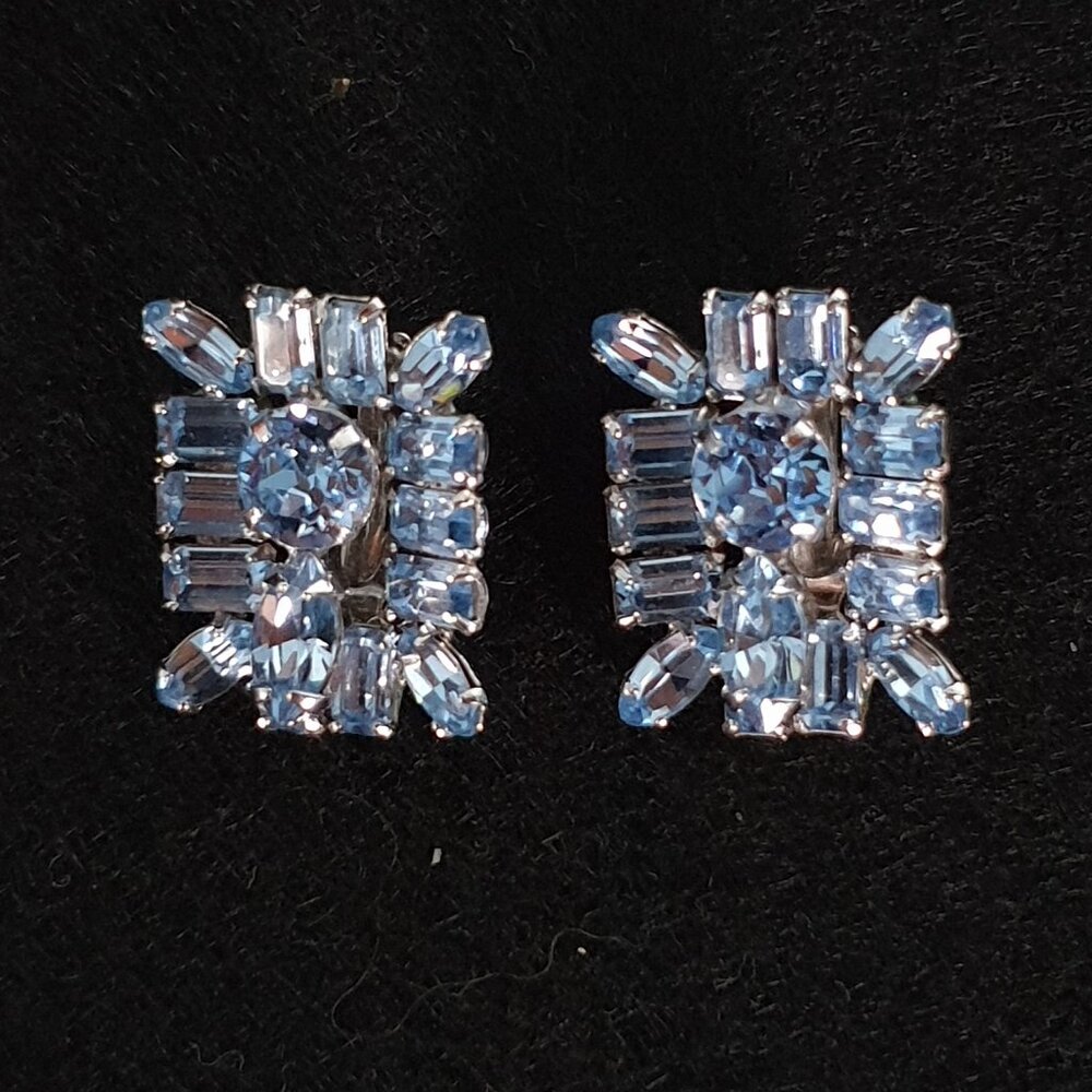 Rare Vintage SHERMAN Icy Blue Crystal Flower Clip-On Statement Earrings